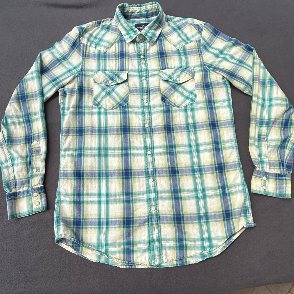 American Eagle Western Shirt Mens LT Green Blue Plaid Snap Front Seriously Soft